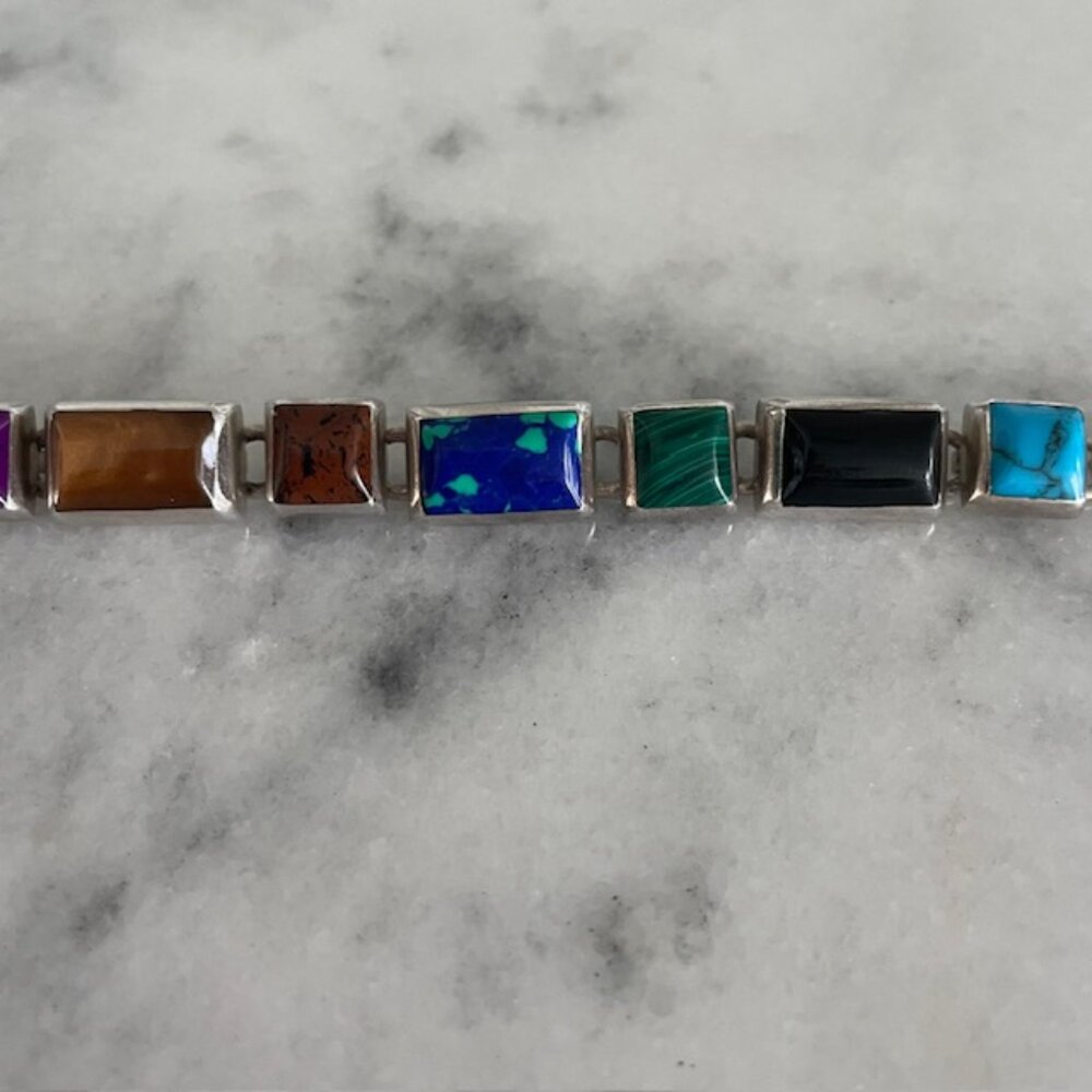 Vintage Taxco Multi Gemstone Bracelet 925 Silver from Mexico - 7.25" - Picture 3 of 7